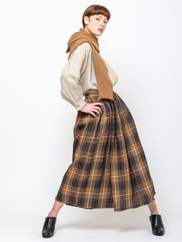 Ichi Antiquites - Linen Skirt - Brown Plaid - Verdalina