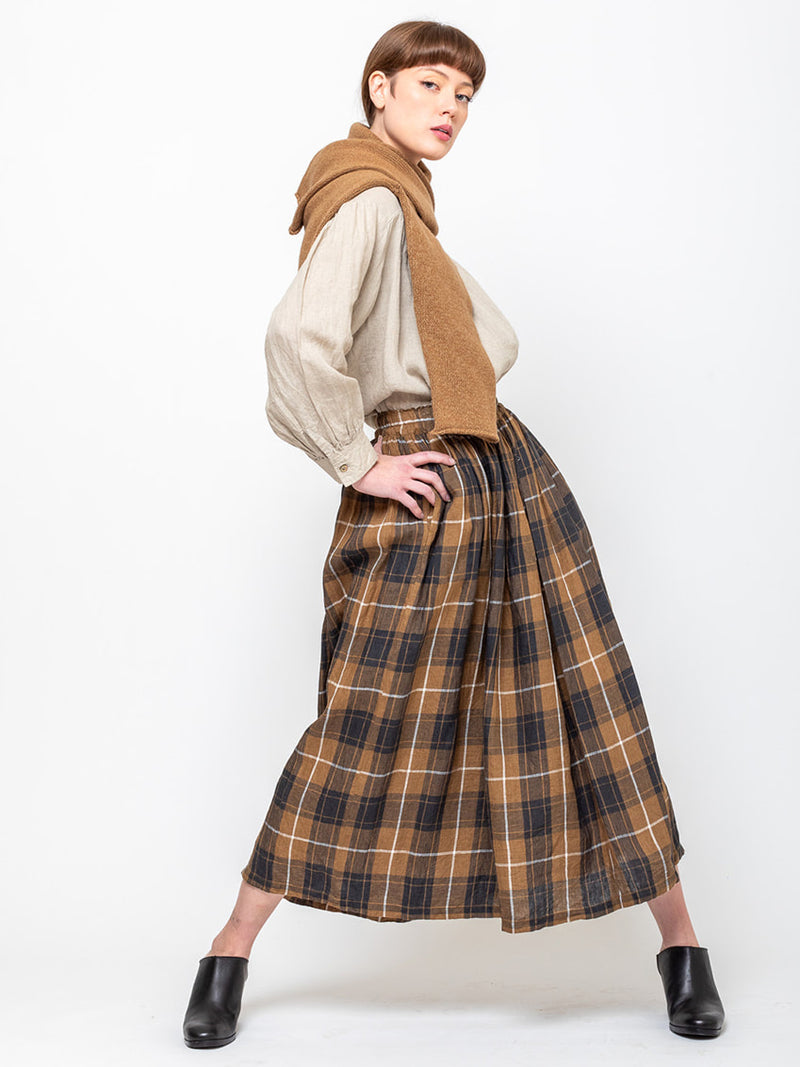 Ichi Antiquites - Linen Skirt - Brown Plaid - Verdalina