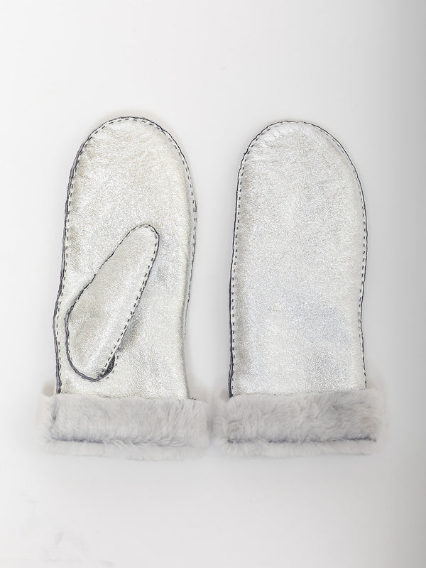 Aristide - Silver Foil Mittens with Shearling - Verdalina