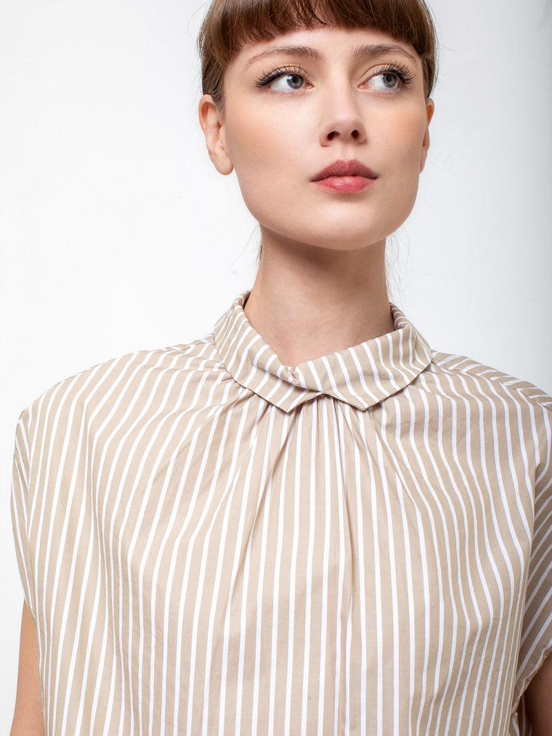 Top U Button Back Shirt - Beige Stripes