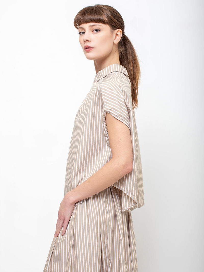 Top U Button Back Shirt - Beige Stripes