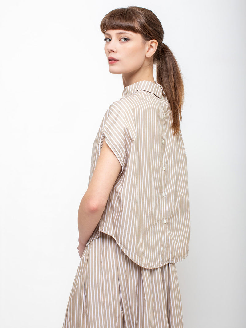 Top U Button Back Shirt - Beige Stripes